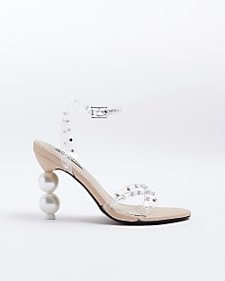 Beige perspex pearl detail heeled sandals