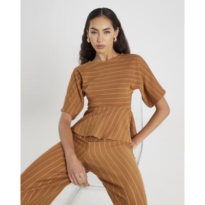 Beige Pinstripe Peplum Hem Top