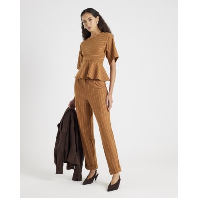 Beige Pinstripe Tapered Trousers