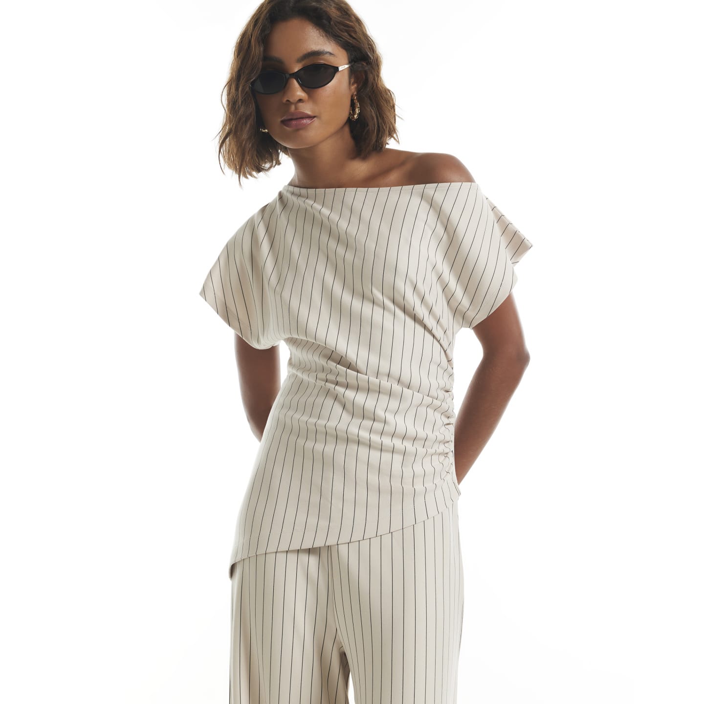 River Island Beige Pinstripe Wide Leg Trousers — photo 1 of 1