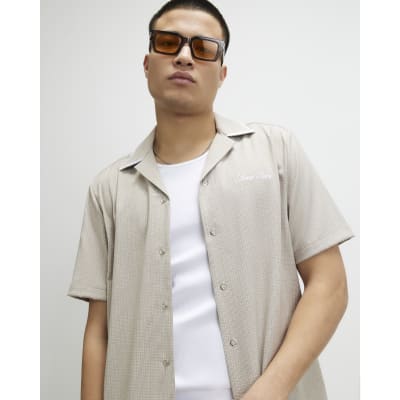Beige Piped Pinstripe Revere Shirt