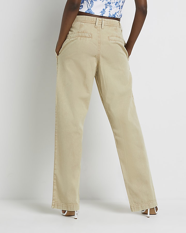 Beige pleated tapered denim trousers