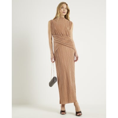 Beige Plisse Sleeveless Wrap Waist Midi Dress