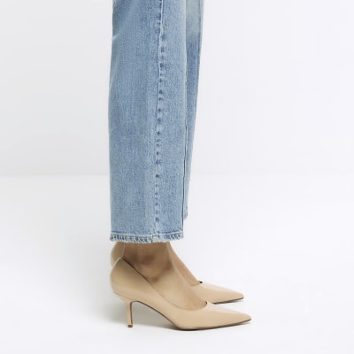 Beige pointed toe heeled court shoes