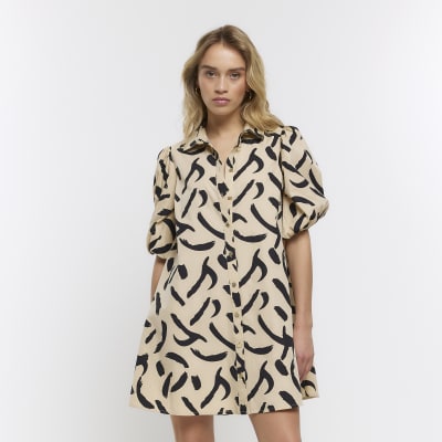 Beige poplin short sleeve mini shirt dress