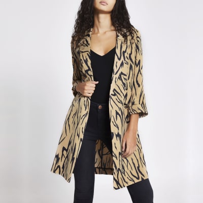 Beige printed longline duster jacket River Island