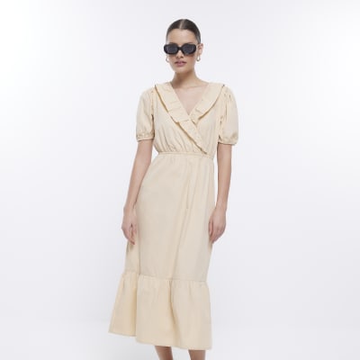 Beige puff sleeve wrap midi dress
