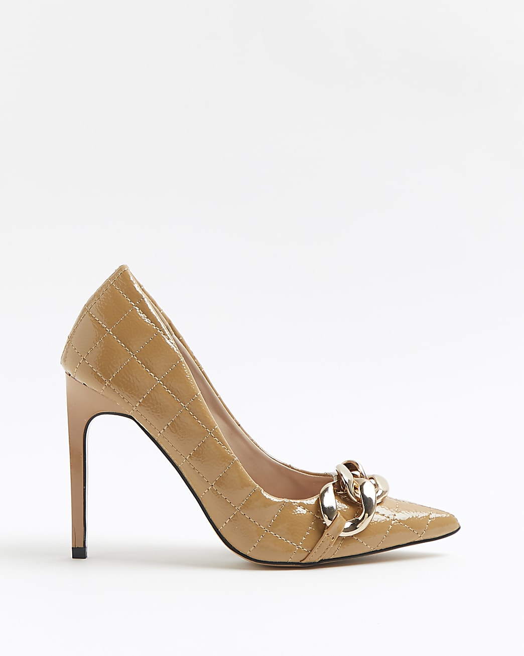 Beige quilted chain detail court shoes