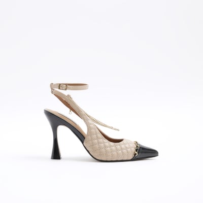 Beige quilted chain heeled court shoes | River Island