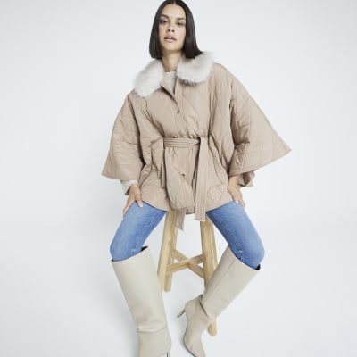 Beige Quilted Faux Fur Collar Cape Jacket River Island