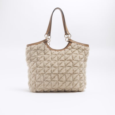 Beige Woven Furry Shoulder Bag