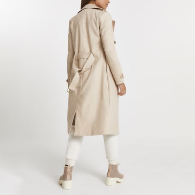 Beige quilted longline trench coat