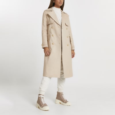 Beige quilted longline trench coat | River Island