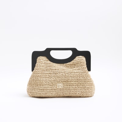 Beige raffia clutch bag