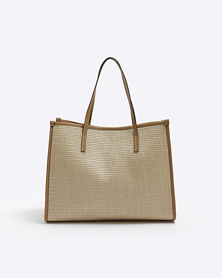 Beige raffia embroidered shopper bag