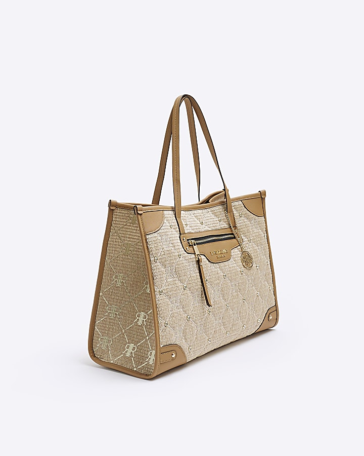 Beige raffia embroidered shopper bag