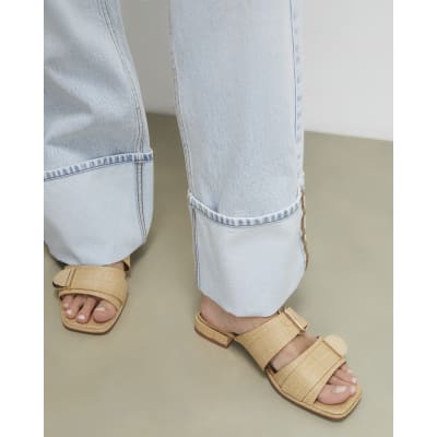 Beige Raffia Flat Sandals