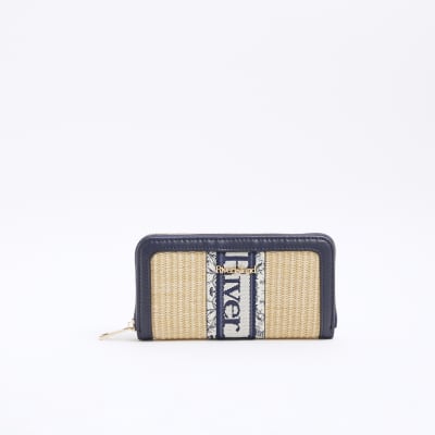 Beige Raffia Logo Webbing Purse