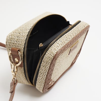 Beige raffia oval boxy cross body handbag River Island