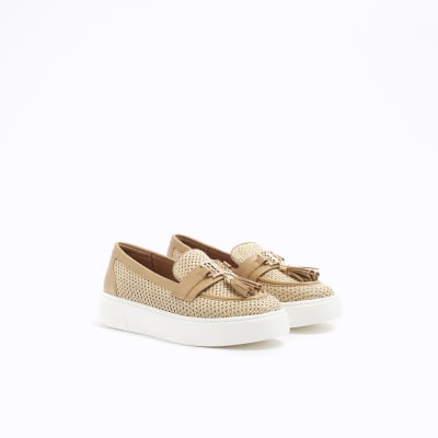 Beige raffia slip on trainers | River Island