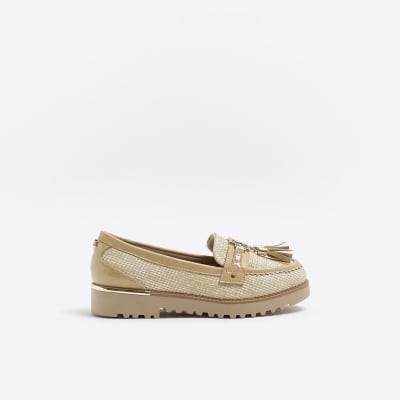 Beige raffia tassel detail loafers