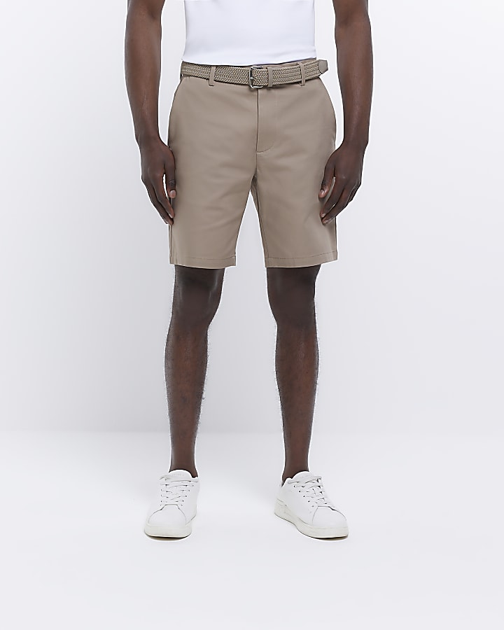 Beige regular fit belted chino shorts