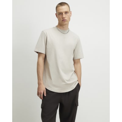 Beige Regular Fit Cotton Curve Hem T-Shirt