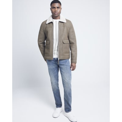 Beige regular fit nubuck shearling jacket River Island