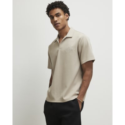Beige Regular Fit Open Neck Polo Shirt