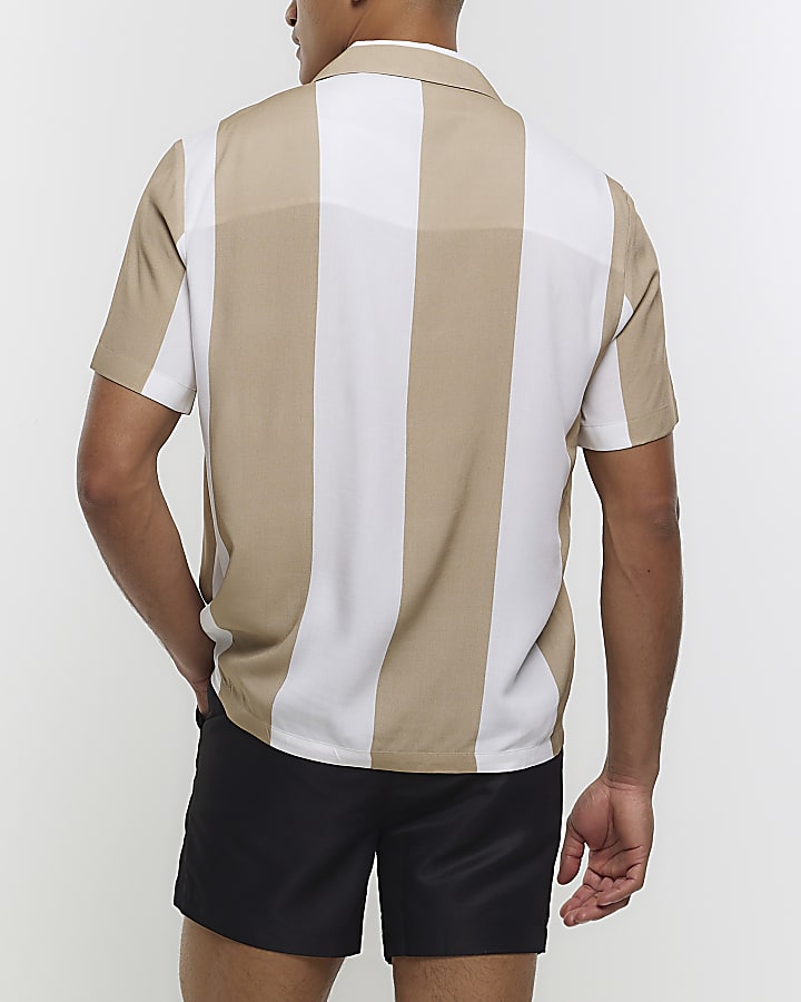 Beige regular fit striped revere shirt