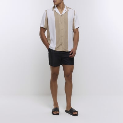Beige regular fit striped revere shirt