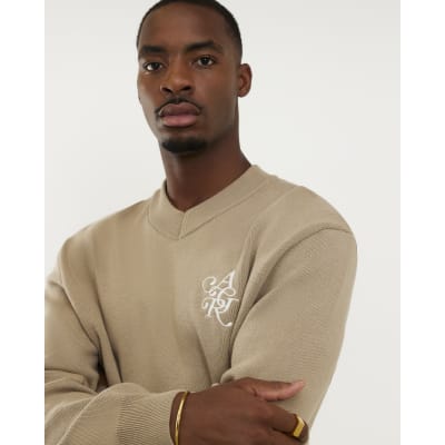 Beige Regular Fit V-neck Knit Jumper