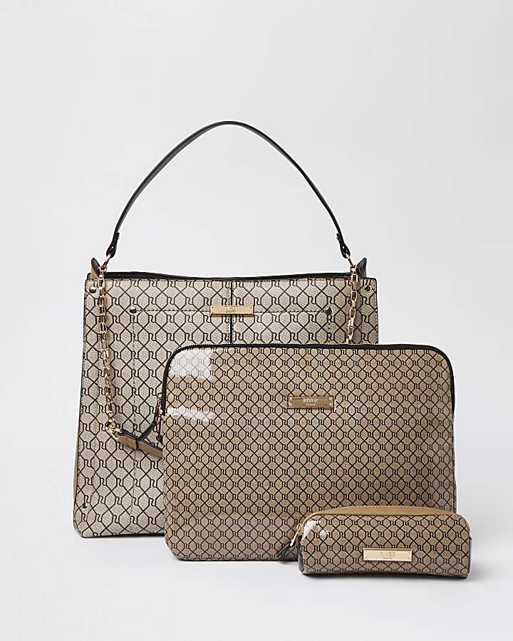 Beige RI branded handbag and laptop case set