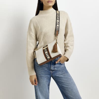 Beige RI monogram cross body bag River Island