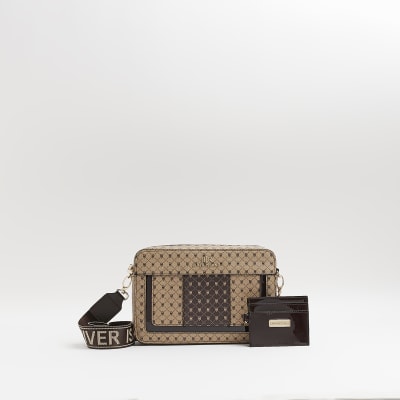 Beige RI monogram print cross body bag