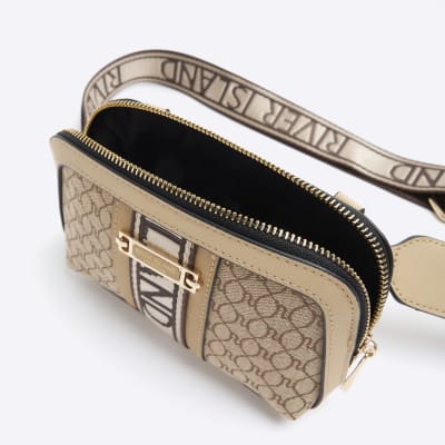 Beige RI monogram cross body bag River Island