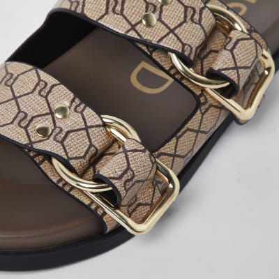 Beige RI monogram double buckle strap sandal
