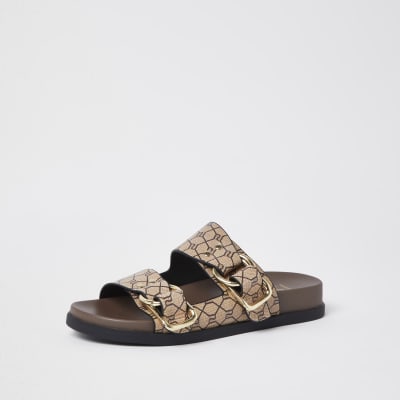 Beige RI monogram double buckle strap sandal