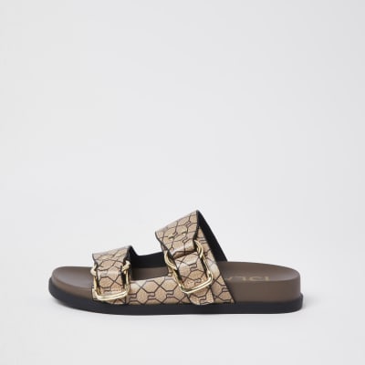 Beige RI monogram double buckle strap sandal