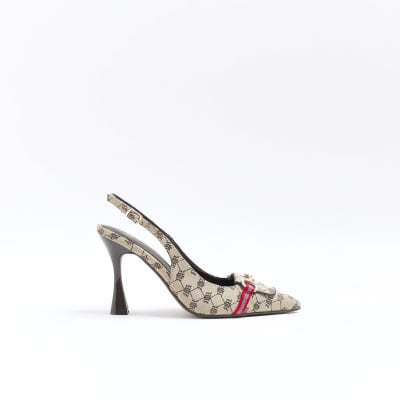 Beige RI monogram heeled sling back shoes | River Island