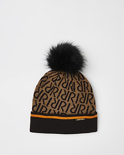 Beige RI monogram knitted beanie hat