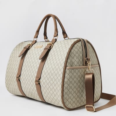 River Island jacquard barrel bag in beige