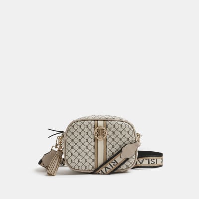 Beige RI monogram print cross body bag