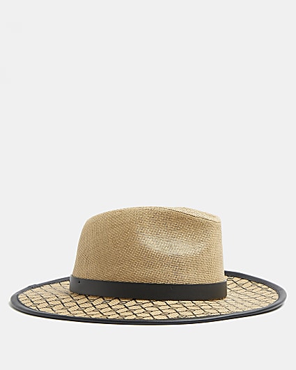 Beige RI monogram print straw Fedora hat