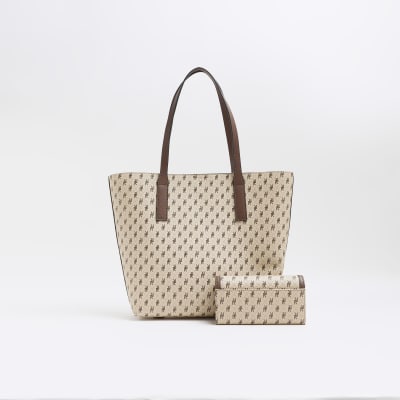 Beige RI monogram shopper and purse