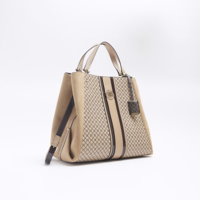 Beige jacquard RI monogram tote bag