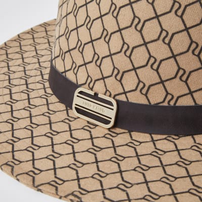 Beige RI monogram trim fedora hat