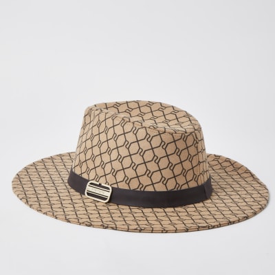 Beige RI monogram trim fedora hat