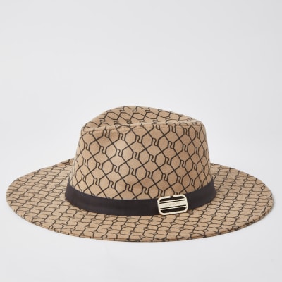 Beige RI monogram trim fedora hat | River Island