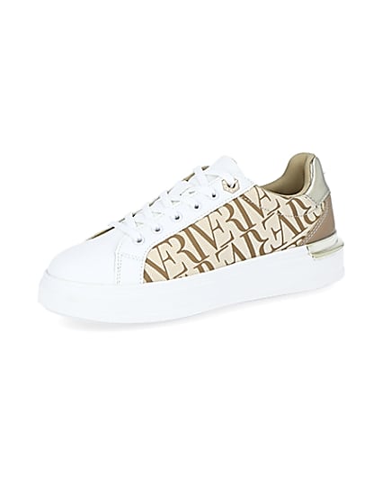 360 degree animation of product Beige RI printed lace up trainers frame-1